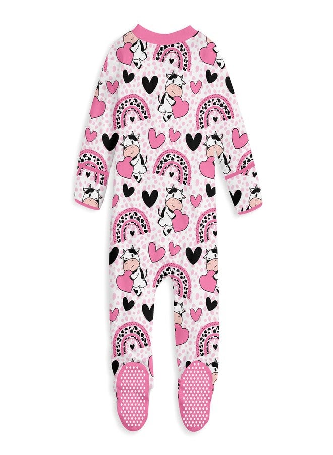 uideazone Baby Cow Clothes 9-12 Months Sleepers Pink Heart Long Sleeve Footed Pajamas Infant One Piece Romper with Mitten Cuffs - Image 2